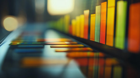 A visually striking image featuring colorful data bars and graphs in a modern digital display. The blurred background adds depth, enhancing the visual appeal for projects related to technology and analysis.の素材