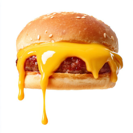 A delicious hamburger featuring a juicy beef patty, topped with gooey cheddar cheese, all nestled in a soft sesame seed bun, perfect for any craving.の素材