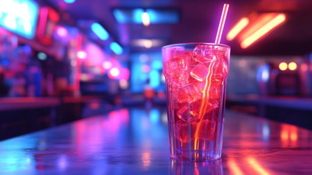 A colorful cocktail glass filled with ice cubes sits on a table in a vibrant, neon-lit bar. The bright lights create an energetic atmosphere perfect for social gatherings.の素材