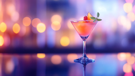 A beautifully crafted cocktail, garnished with fresh fruit and mint, radiates vibrancy against a soft, blurred bar background, ideal for party themes.の素材