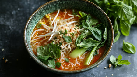 A vibrant bowl of Asian noodle soup featuring fresh herbs, vegetables, and peanuts, perfect for comforting meals or culinary presentations.の素材