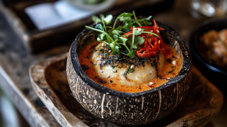 A mouthwatering creamy coconut curry served in a unique coconut bowl, topped with fresh herbs and vibrant red chili, showcasing culinary artistry.の素材