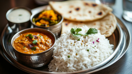 A beautifully arranged Indian cuisine platter featuring fragrant rice, assorted curries, flatbread, and fresh herbs, perfect for food lovers.の素材