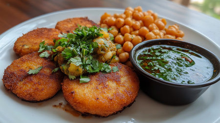A vibrant plate of crispy potato cutlets accompanied by chickpeas and a flavorful green sauce, garnished with fresh cilantro, perfect for any meal.の素材