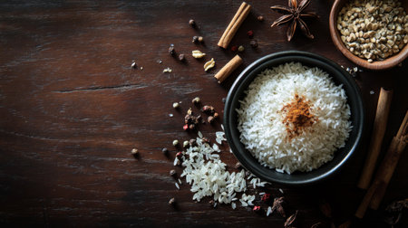 A visually appealing image of a bowl of rice surrounded by assorted spices and herbs on a rustic wooden table, showcasing culinary creativity.の素材