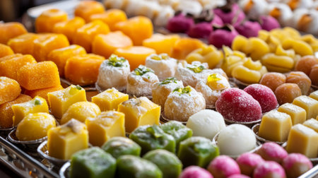 A vibrant display of assorted traditional sweets showcases a rich variety of textures and colors, perfect for festive celebrations and cultural events.の素材