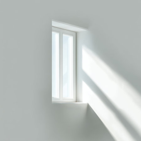 A stunning image showcasing a modern minimalist interior featuring a bright white window. Natural light streams in, creating a tranquil and harmonious atmosphere.の素材