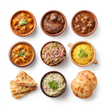 A vibrant display of traditional Indian dishes featuring various curries, rice, and breads arranged artistically on a white background.の素材