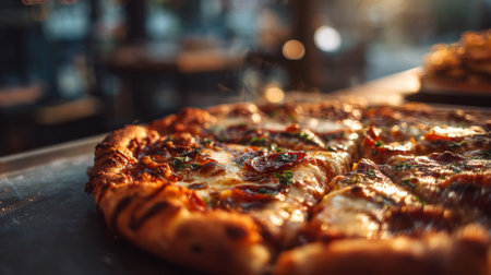 A mouthwatering pizza with melted cheese and vibrant toppings on a warm table, perfect for sharing during a cozy dinner or gathering with friends.の素材