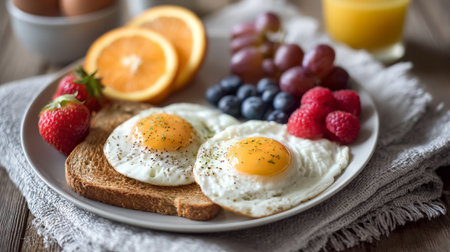Indulge in this beautifully arranged breakfast plate showcasing fried eggs on toast, surrounded by fresh strawberries, blueberries, raspberries, and oranges.の素材