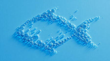 This unique image showcases a creative depiction of a fish formed entirely from bubbles against a tranquil light blue background. Perfect for aquatic-themed projects.の素材