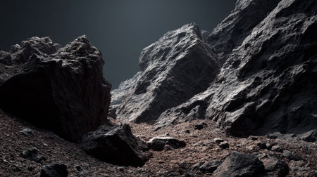 A captivating dark rocky landscape featuring rugged boulders and intricate textures, illuminated by dramatic lighting that highlights the natural beauty.の素材