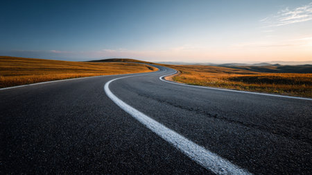A stunning road meanders through golden fields under a vast blue sky at sunset, inviting travelers to explore the tranquil beauty of nature.の素材