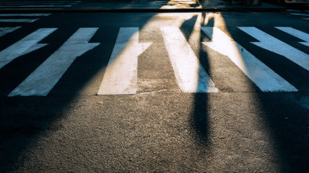 A captivating image of a shadow cast on a painted crosswalk, showcasing textures and lines in an urban setting during golden hour.の素材