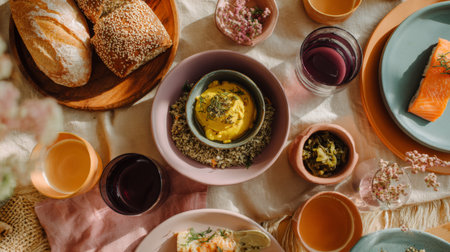 A beautifully arranged table displaying an array of delicious foods and drinks, perfect for a cozy gathering. The colorful elements enhance the inviting atmosphere, making it ideal for entertaining friends and family.の素材