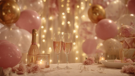 A beautifully arranged table featuring champagne glasses, pink and gold balloons, and soft lighting. Perfect for celebrations, parties, and special events.の素材