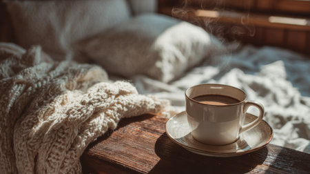 A serene scene featuring a steaming cup of coffee resting on a wooden table with a soft blanket nearby, creating a cozy and inviting morning atmosphere.の素材