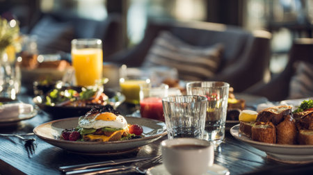 Experience a delightful breakfast setting filled with vibrant foods and refreshing drinks, creating a warm and inviting atmosphere for sharing moments with family and friends.の素材