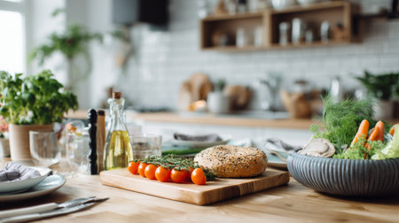 A beautifully arranged kitchen scene showcasing fresh ingredients like tomatoes and herbs on a wooden table, highlighting healthy meal preparation.の素材