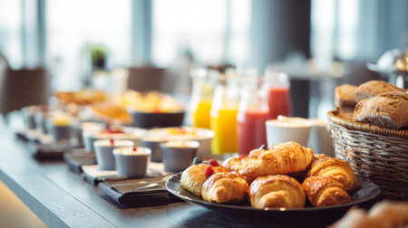 A beautifully arranged breakfast spread featuring an array of fresh pastries, juices, and healthy accompaniments in a modern dining environment.の素材