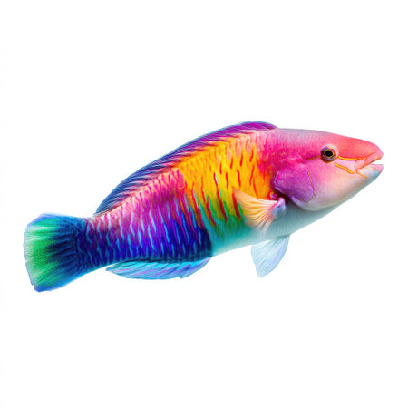 A vibrant and colorful tropical fish displays stunning patterns as it swims gracefully underwater in clear ocean water, showcasing the beauty of marine life.の素材
