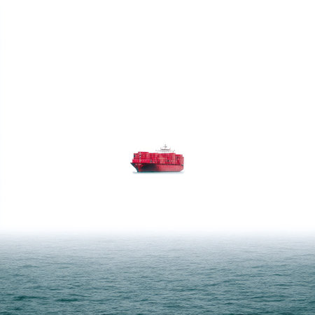 A striking red cargo ship floats serenely on the calm water, set against a soft atmospheric sky. Ideal for maritime themes and shipping-related projects.の素材