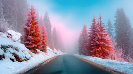 A breathtaking winter landscape featuring frosty trees and a misty road, creating a tranquil scene highlighted by soft pink and blue hues in the sky.の素材