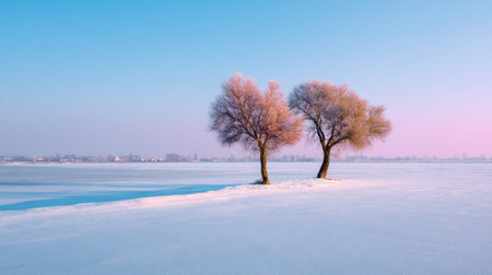 This peaceful winter scene features two frosty trees on a snowy landscape, complemented by a soft pastel sky at dawn, evoking tranquility and natural beauty.の素材