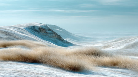 A tranquil winter landscape featuring gently rolling snow-covered hills and soft grass under a calm blue sky. Ideal for serene nature imagery and peaceful scenes.の素材