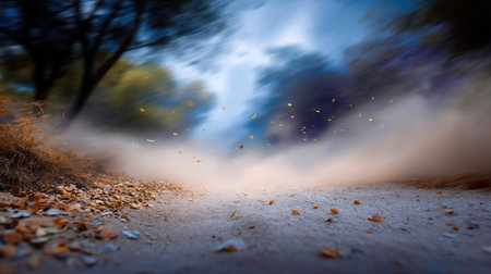 This atmospheric image captures a soft-focused dirt road enveloped in swirling dust and falling leaves, embodying the serene essence of autumn in nature.の素材