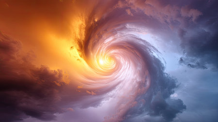 A stunning image of swirling clouds with a fiery core, illustrating a powerful and mystical atmospheric phenomenon with vibrant colors and dramatic lighting effects.の素材