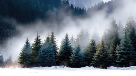 A peaceful winter scene showcasing a cluster of evergreen trees enveloped in soft mist and snow, creating a serene atmosphere perfect for nature lovers.の素材