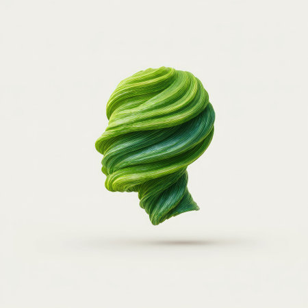 A stunning abstract depiction of a head silhouette formed with flowing green waves, representing creativity and nature, perfect for art and inspiration themes.の素材