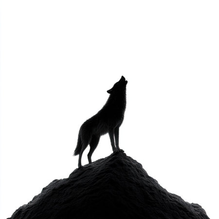 A striking silhouette of a wolf howling atop a mountain peak, set against a bright white background, evokes feelings of freedom and wilderness in nature.の素材