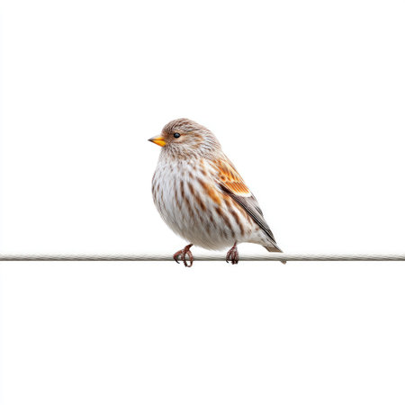 A small sparrow resting on a wire offers a striking view of its intricate feather patterns. The image captures the essence of wildlife in a minimalistic style.の素材