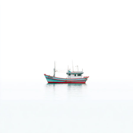 A solitary fishing boat drifts peacefully on calm water, enveloped by a minimalist white backdrop. Ideal for conveying tranquility and solitude in your projects.の素材