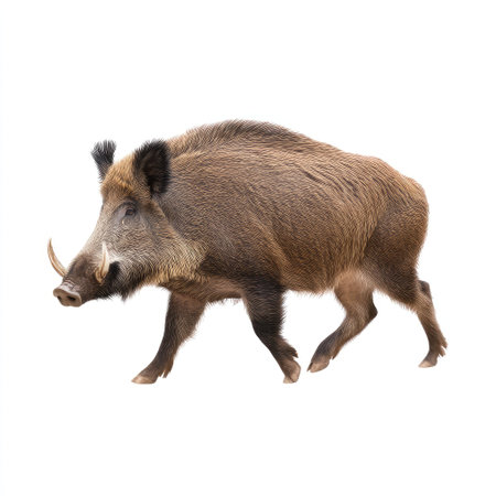 Captivating image of a wild boar in motion, exploring its natural habitat with strength and agility. This photograph highlights the animal's vibrant details and wild essence.の素材