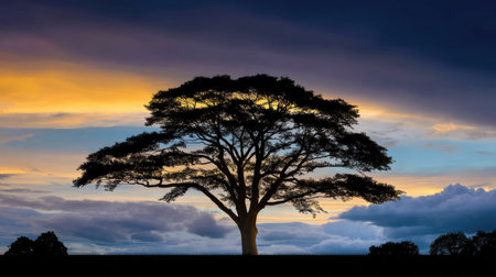 Captivating silhouette of a solitary tree outlined against a vibrant sunset sky. The scene showcases tranquil colors and dramatic clouds, perfect for nature-themed projects.の素材