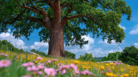 A stunning view of a majestic tree standing tall in a vibrant meadow filled with colorful wildflowers, under a bright blue sky adorned with fluffy clouds.の素材