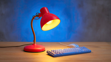 A vibrant desk scene showcases a red lamp providing warm light over a blue keyboard and mouse, creating a stylish and inviting workspace on a wooden table.の素材