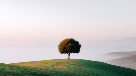 Discover a tranquil scene of a lone tree on a gentle hill beneath a misty morning sky, evoking serenity and the beauty of nature in its purest form.の素材