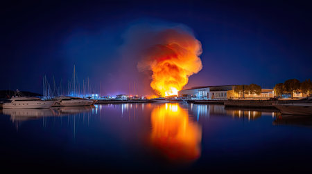 A stunning nighttime image capturing a dramatic fire scene at a harbor. Colorful smoke billows into the sky as reflections shimmer on the calm water.の素材