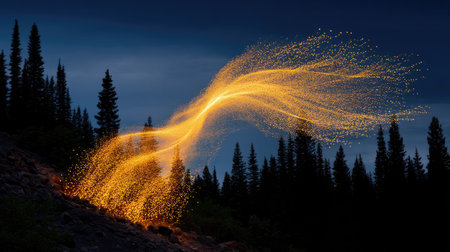 This stunning image captures the enchanting flow of golden spark trails through a serene forest landscape, illuminated beautifully by twilight.の素材