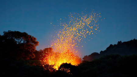 A breathtaking view of a volcano erupting, with fiery lava and glowing sparks against a darkening sky. The scene showcases the raw power of nature amidst lush greenery.の素材