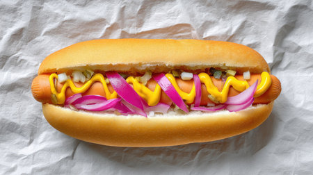 A vibrant hot dog topped with yellow mustard and pink onions resting on crumpled paper, perfect for summer meals, barbecues, and culinary presentations.の素材