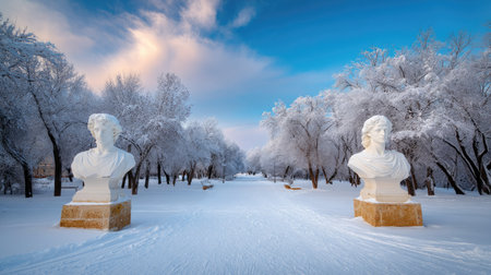 A breathtaking winter landscape featuring sculptural busts amidst snow-laden trees, creating a peaceful atmosphere perfect for enjoying nature's beauty in a tranquil park setting.の素材