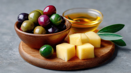 A beautiful arrangement of fresh green and black olives, paired with cheese cubes and a drizzle of olive oil, perfect for a savory appetizer or healthy snack options.の素材