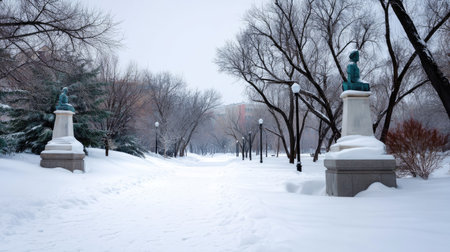 Discover a tranquil winter scene featuring a snow-covered pathway bordered by elegant sculptures and frosty trees, perfect for evoking peace and serenity.の素材