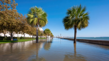 A stunning waterfront scene featuring flooded palm trees under a bright blue sky. This picturesque view captures the beauty of nature blended with urban charm.の素材