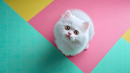 Captivating image of a fluffy white kitten with bright yellow eyes, sitting on a pastel geometric background. Perfect for pet lovers and cat enthusiasts.の素材